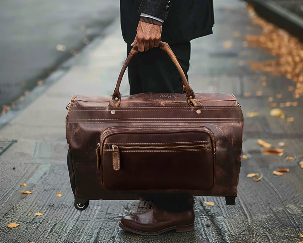 leather luggage with wheels